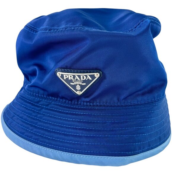 PRADA Blue Nylon Unisex Bucket Hat Metal Triangle Logo Made in Italy "M"